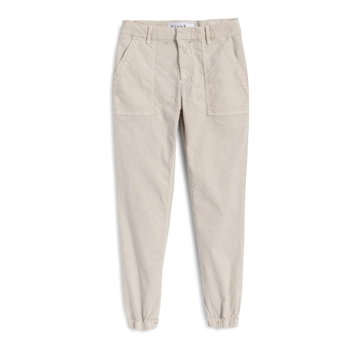 The FRANK &amp; EILEEN JAMESON Utility Joggers in Cement are shown laid flat. Made of soft, lightweight fabric, the joggers feature a high-rise elastic waistband with a drawstring, two large front pockets, and tapered ankles, offering a casual and comfortable appearance.