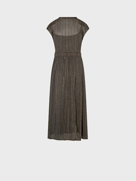 The SANDRO FERRONE - CROSSOVER V NECK DRESS is sleeveless, ankle-length, with metallic pleats, a belted waist, and a V-neckline, shown on a plain light gray background.