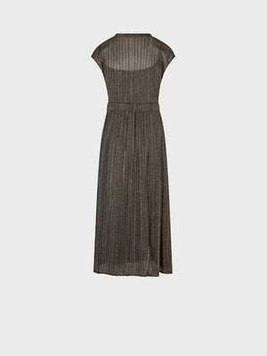 The SANDRO FERRONE - CROSSOVER V NECK DRESS is sleeveless, ankle-length, with metallic pleats, a belted waist, and a V-neckline, shown on a plain light gray background.