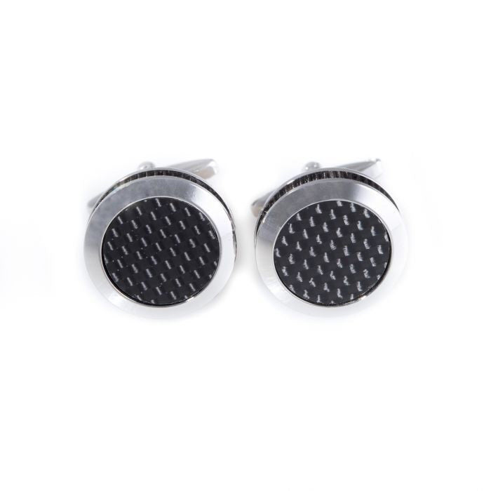 The BEYBERK INTERNATIONAL CUFFLINKS - RHODIUM PLATED CARBON FIBER PRINT CUFFLINKS feature round silver-tone borders and textured black centers, elegantly displayed against a white background.