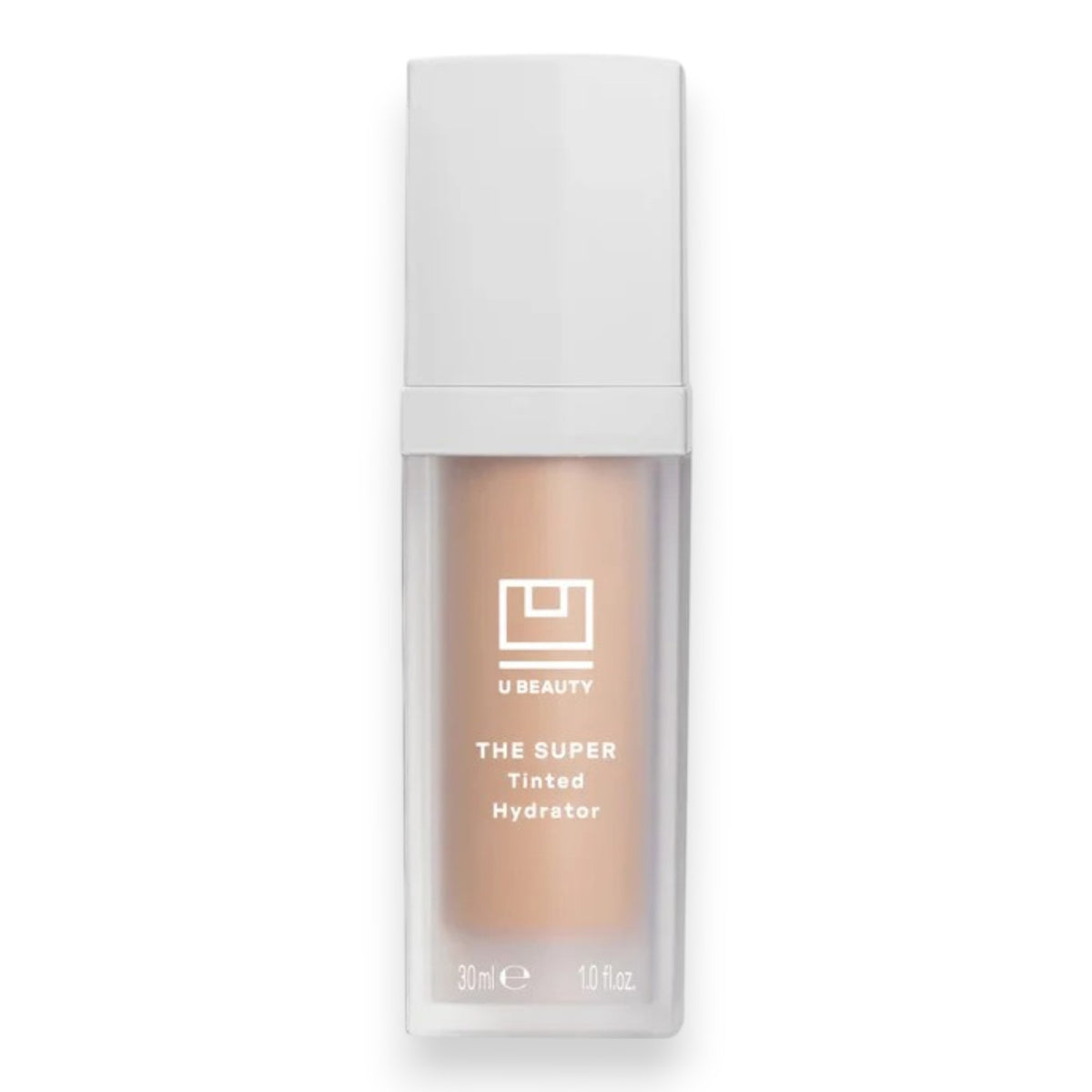 U BEAUTY’s THE SUPER TINTED HYDRATOR SHADE 02 comes in a 30 ml (1.0 fl oz) frosted rectangular bottle with a white cap, offering a dewy skin tint finish.
