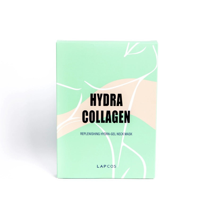 The LAPCOS - HYDRA COLLAGEN NECK MASK comes in a mint green box adorned with abstract white and beige lines. The packaging is labeled &quot;Hydra Collagen Replenishing Hydra-Gel Neck Mask,&quot; enriched with Marine Collagen and Hyaluronic Acid, with the brand name &quot;LAPCOS&quot; printed at the bottom.