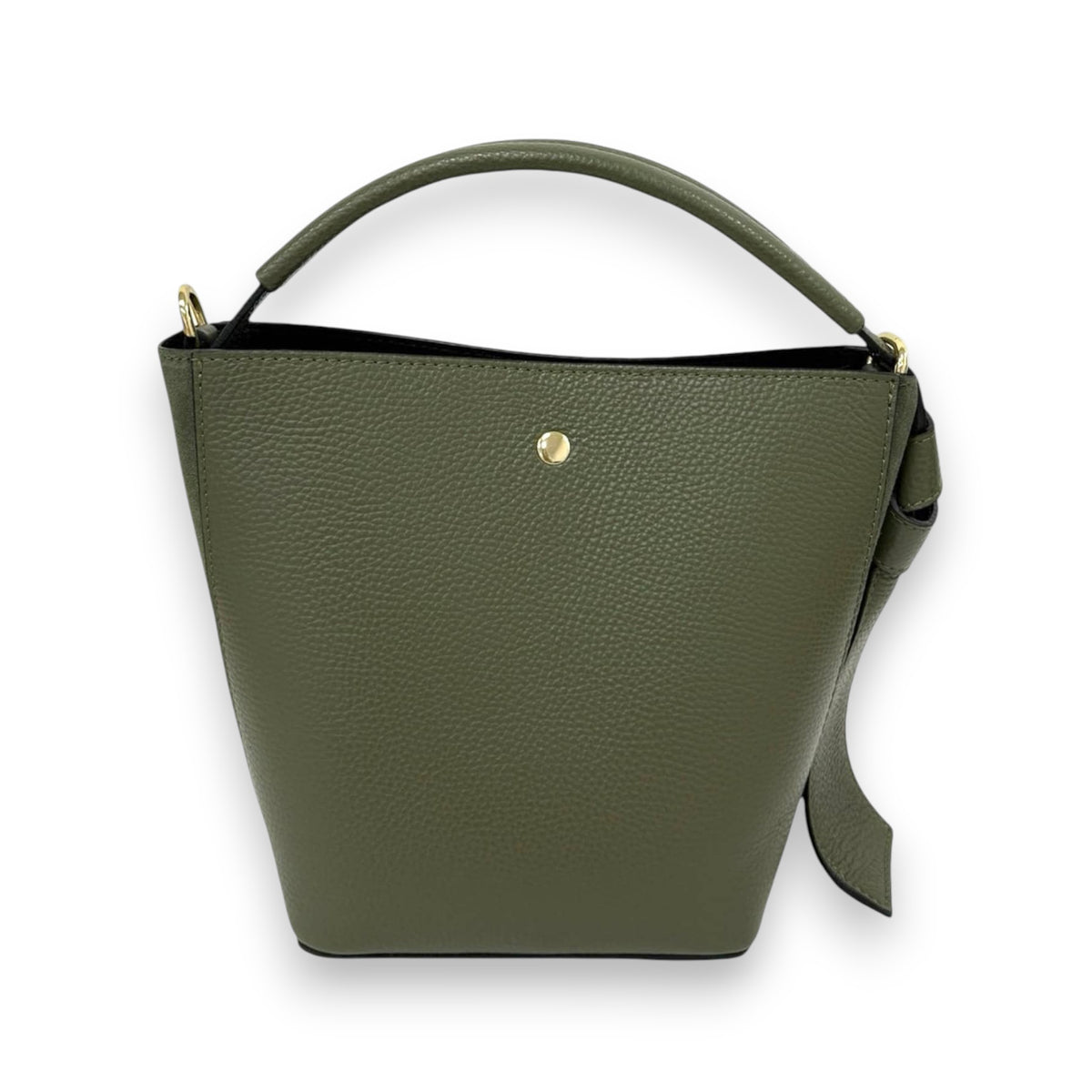 THE FIRENZE CONVERTIBLE LEATHER HANDBAG by LE BORSETTE features olive green Italian leather with a textured finish, gold-tone hardware, a top handle, and a decorative side bow—a versatile piece made in Italy and shown on a white background.