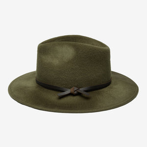 WYETH - FOLEY FEDORA IN OLIVE, a packable olive green brushed wool fedora featuring a dark brown genuine leather band tied around the crown.