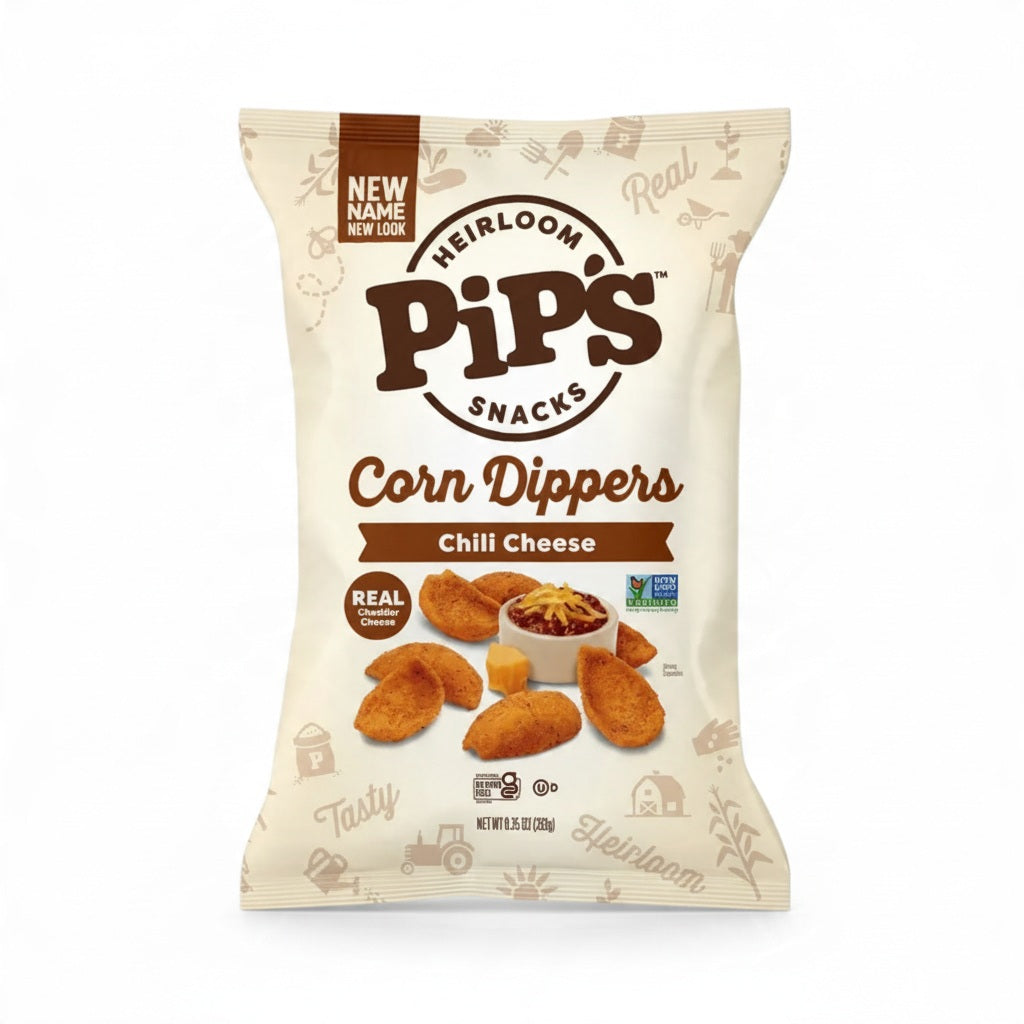 Bag of PIP’S HEIRLOOM CHILI CHEESE CORN DIPPERS, showing a small bowl of chili with a cube of cheddar cheese surrounded by several heirloom corn chips.