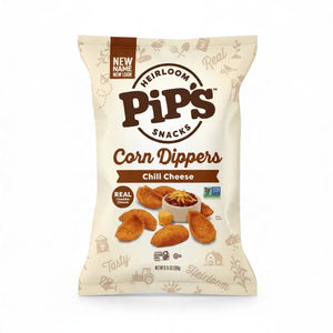 Bag of PIP’S HEIRLOOM CHILI CHEESE CORN DIPPERS, showing a small bowl of chili with a cube of cheddar cheese surrounded by several heirloom corn chips.