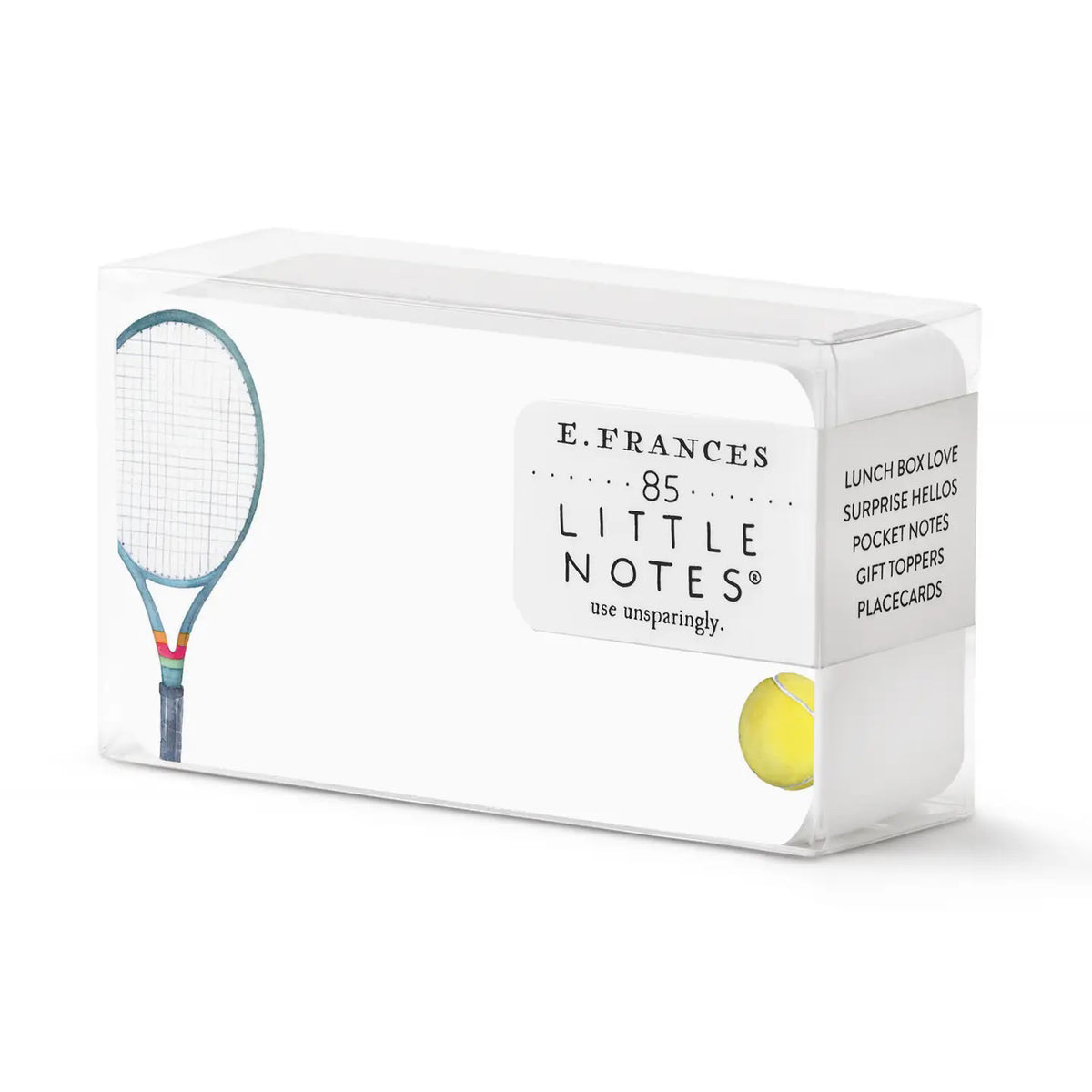 E. FRANCES PAPER’s TENNIS LITTLE NOTES come in a clear box with 85 cards, each featuring a tennis racket and ball illustration—perfect for lunchbox notes, surprises, or place cards to brighten anyone’s day.