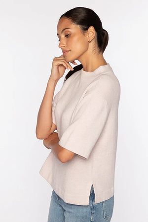 The KINROSS EASY LOW FUNNEL NECK COTTON SWEATER by KINROSS is a plain, short-sleeved, light grayish-green knit top with a relaxed fit and high round neckline, shown on a white background.