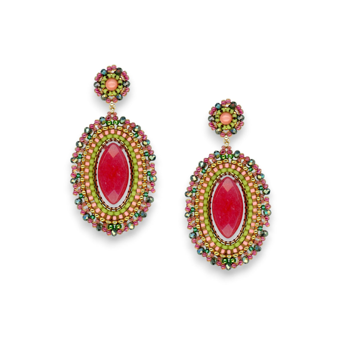 The MIGUEL ASES - CRYSTAL MIYUKI DROP EARRINGS by MIGUEL ASES, INC. are handcrafted, oval-shaped dangle earrings featuring a central red stone and intricate beadwork in red, green, and gold. An ornate design on top complements the vibrant colors of these statement pieces.