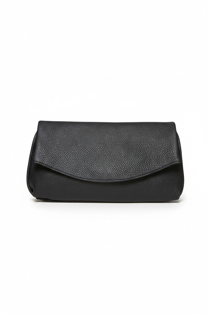 OLIVEVE Valentina Clutch in black Italian buffalo cowhide, a pebbled leather bag with a rounded fold-over flap.