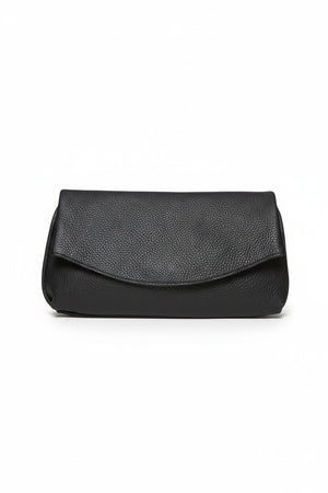 OLIVEVE Valentina Clutch in black Italian buffalo cowhide, a pebbled leather bag with a rounded fold-over flap.