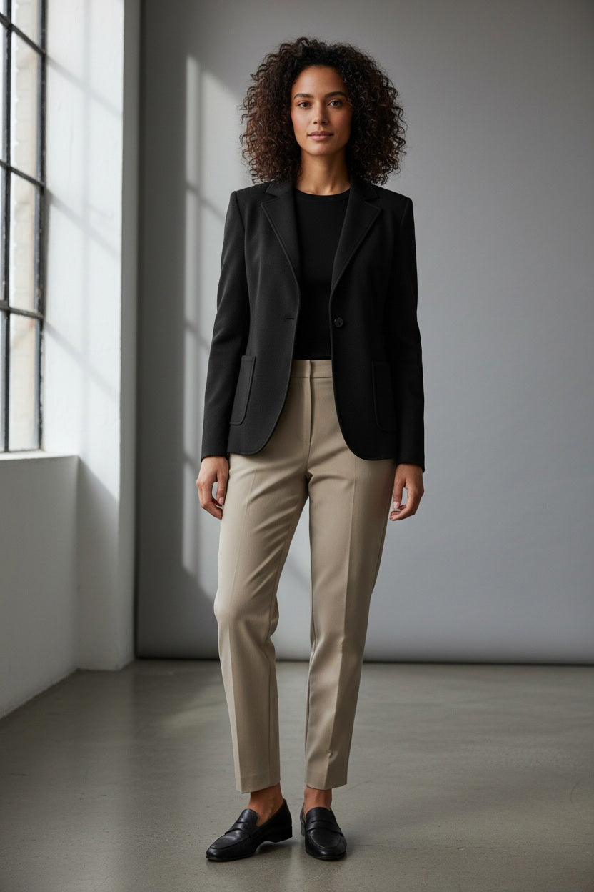 The SEVENTY - SINGLE BREASTED KNIT JACKET by the brand SEVENTY is a tailored women's jacket in black, featuring classic lapels, a single-button closure, and two front pockets. It has a sleek, fitted design and a minimalist, professional appearance. The interior is lined with the "SEVENTY" label visible inside.