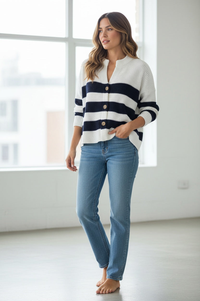 A woman stands on a beach wearing the FRANK &amp; EILEEN Montecito Crew Neck Cardigan in Pure Italian Cotton, featuring navy and white stripes in a relaxed fit with large buttons, paired with light blue jeans. The ocean and sky are softly blurred in the background.