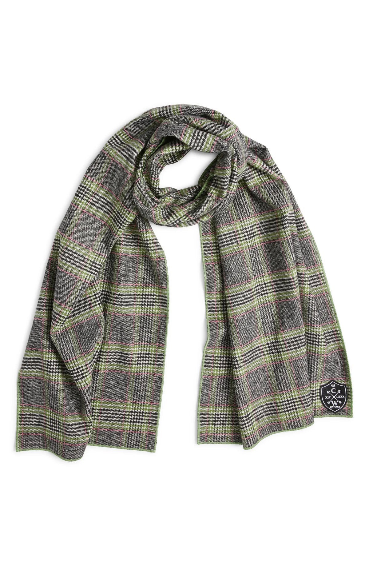 The CLIFTON WILSON Black, Grey, and Lime Green Plaid Wool Scarf features a sophisticated plaid design and a signature logo patch. Crafted in Italy for timeless style and luxury.