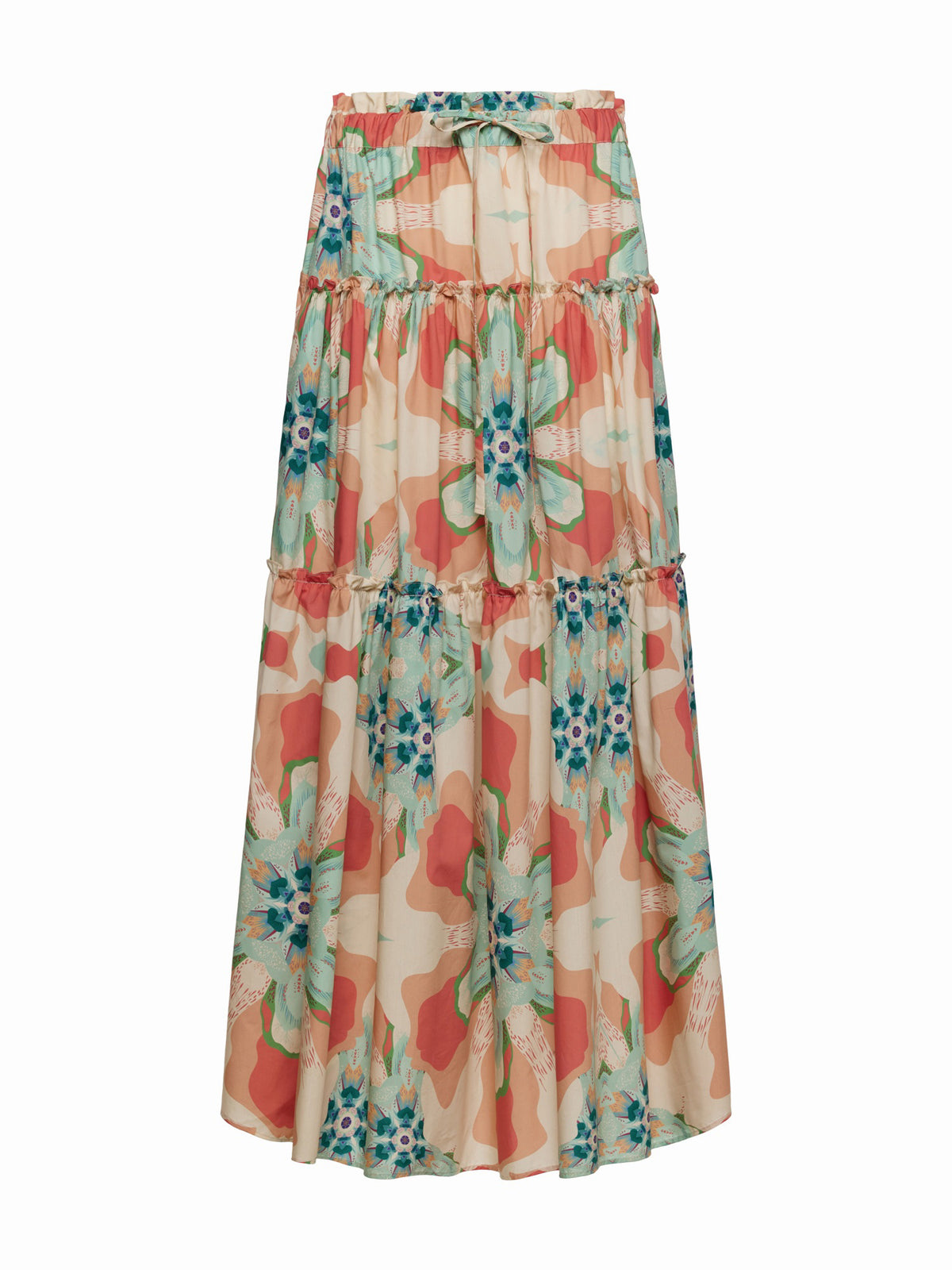 The FRANCO FERRARI Cotton Tiered Max Skirt is an A-line maxi skirt featuring large abstract orange, green, and blue flowers on a light background. Made from cotton, it offers comfort with an elasticized drawstring waist for an adjustable fit.