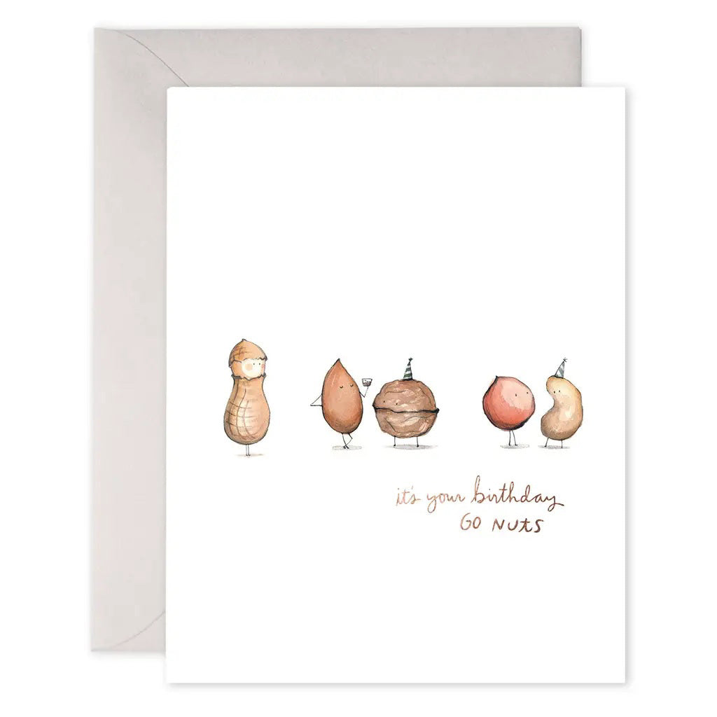E. FRANCES PAPER’s “Go Nuts Birthday Card” features five cheerful nuts with party hats and drinks, plus the text: “It’s your birthday, go nuts.” Envelope included. Made in the USA.