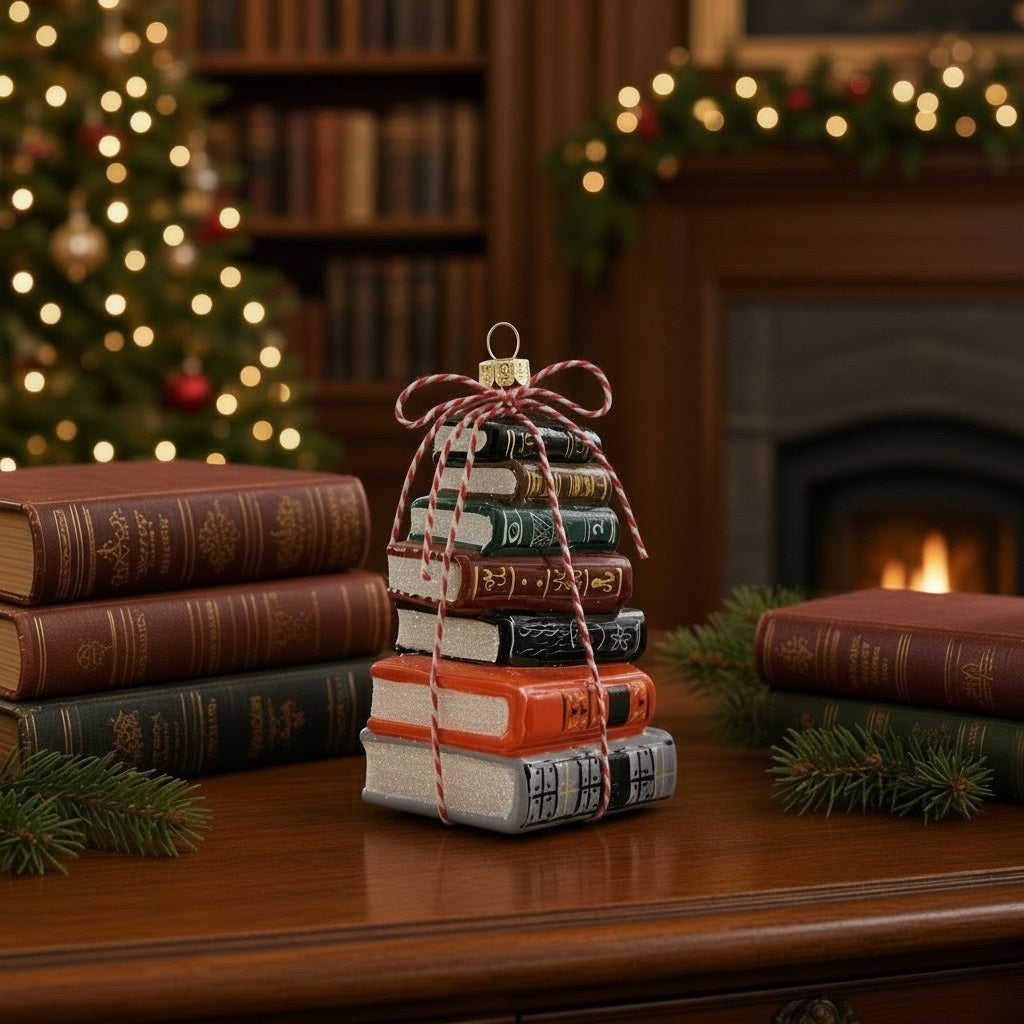 A 3.5-inch GLASS STACKED BOOKS ORNAMENT by Cody Foster, shaped like a stack of six colorful books tied together with red and white baker’s twine.