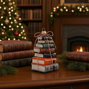 A 3.5-inch GLASS STACKED BOOKS ORNAMENT by Cody Foster, shaped like a stack of six colorful books tied together with red and white baker’s twine.