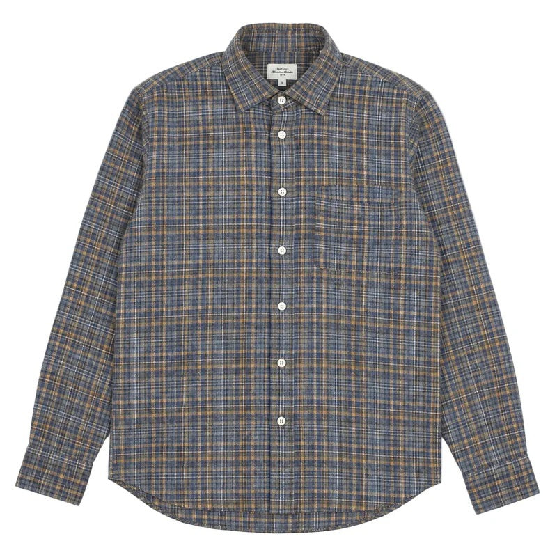 A close-up of the HARTFORD - PAUL Checked Flannel Shirt in Grey highlights the blue, brown, and grey plaid cotton fabric, with a focus on the cuff and sleeve featuring visible white buttons.