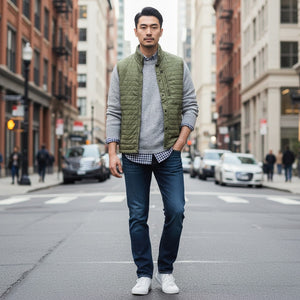 The RELWEN Windzip Vest in Olive is a quilted utility vest with green and blue trim, snap button closures, armholes, and an inner pocket—ideal for layered warmth. Shown open and laid flat.