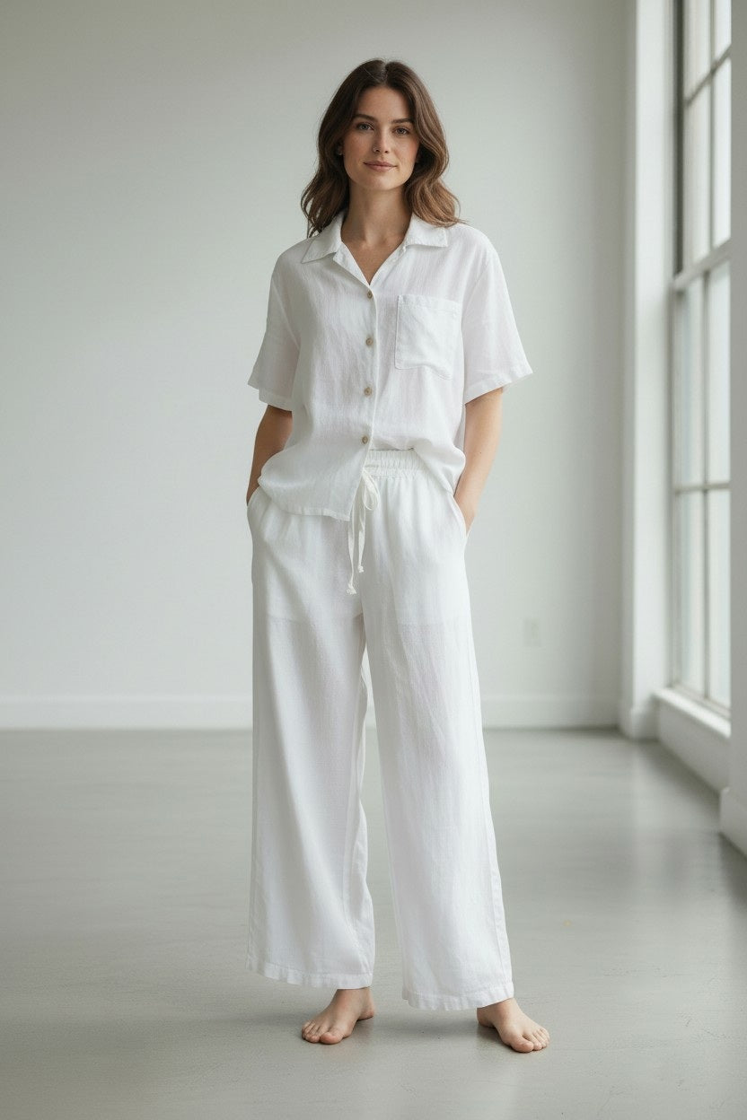A woman stands barefoot in a bright room, smiling gently with her hands relaxed at her sides. She is wearing the LLEA BLUE - CASEY Short Sleeve Shirt in white from LLEA BLUE paired with blue jeans, as light pours in through large windows on the left.
