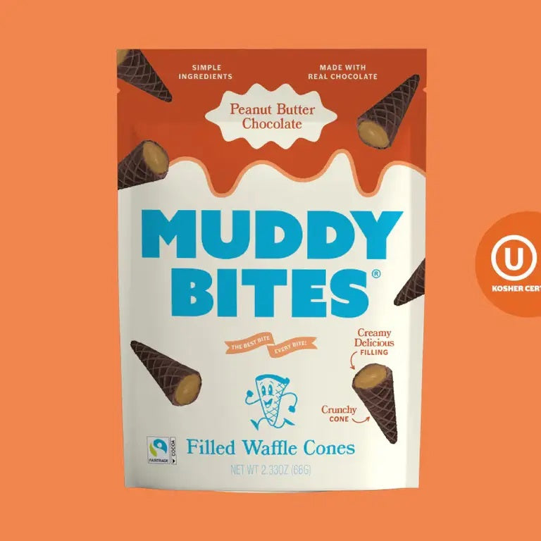 A bag of MUDDY BITES- PEANUT BUTTER CHOCOLATE WAFFLE CONE by MUDDY BITES is displayed on an orange background. The package emphasizes simple ingredients, a creamy peanut butter chocolate center, and kosher certification—making it a delicious snack for any occasion.