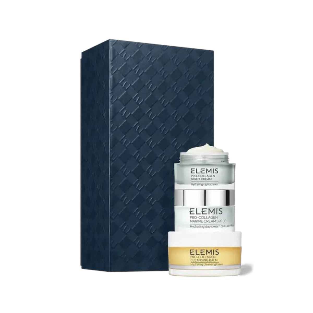 A dark textured rectangular box stands beside three stacked skincare containers labeled &quot;ELEMIS.&quot; The ELEMIS - PRO-COLLAGEN HEROES GIFT SET by ELEMIS - STEINER includes a cleansing balm, day cream, and night cream for hydration.