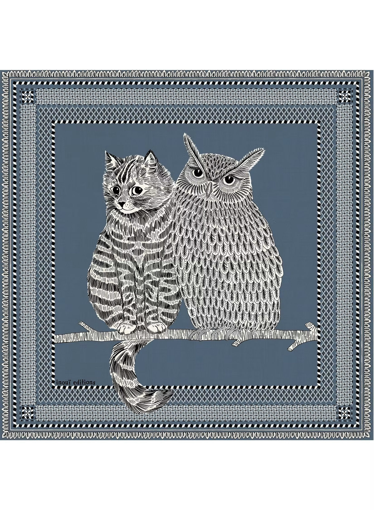 A detailed illustration of a cat and an owl sitting side by side on a branch, bordered by an intricate blue and white pattern, evokes the fine craftsmanship of the INOUI EDITIONS - CHOUETTE SQUARE SCARF IN BLUE by INOUI.