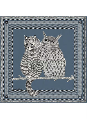 A detailed illustration of a cat and an owl sitting side by side on a branch, bordered by an intricate blue and white pattern, evokes the fine craftsmanship of the INOUI EDITIONS - CHOUETTE SQUARE SCARF IN BLUE by INOUI.