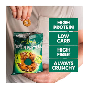 A green bag of CRISP POWER-PROTEIN PRETZEL EVERYTHING by CRISP POWER displays protein pretzels and highlights “28g protein,” “6g net carbs,” and “0g sugar”—a tasty, plant-based, keto-friendly snack.