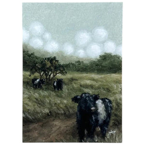 The SOPHIE WYATT STUDIO - BELTIES ART PRINT, 11x14 by SOPHIE WYATT STUDIO features four black-and-white Belted Galloway cows standing in a grassy field with trees and a cloudy sky in the background, beautifully capturing the charm of rural cow artwork.