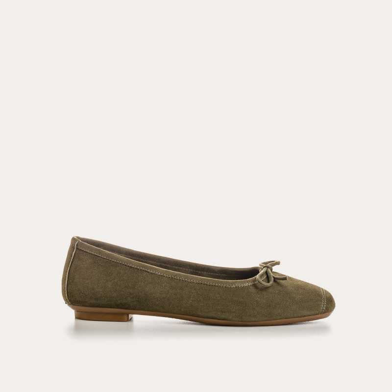 The REQINS - HARMONY suede ballerina flat in olive features a small bow on the toe, flat heel, and simple stitching, shown against a plain light background.
