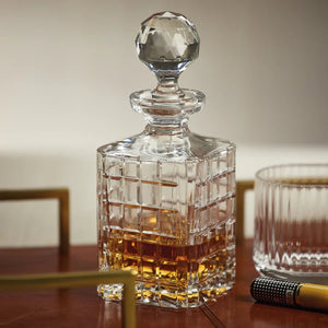 The ZODAX BELMORE Crystal Glass Whiskey & Brandy Decanter features a clear, rectangular design with a geometric pattern and round faceted stopper—an elegant piece of premium barware for serving whiskey or brandy.