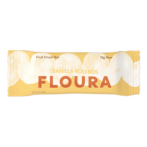 A yellow and white packaged FLOURA & CO Floura - Vanilla Rooibos Floura Fiber Crush Bar contains concentrated fiber, with 13g of fiber indicated on the wrapper.