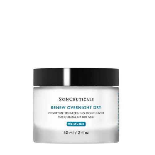 A white jar with a black lid containing SkinCeuticals - Renew Overnight Dry moisturizer from Skin Ceuticals. The label text reads: &quot;Nighttime skin-refining moisturizer with hydroxy acid blend for normal or dry skin.&quot; The jar contains 60 ml (2 fl oz) of product.