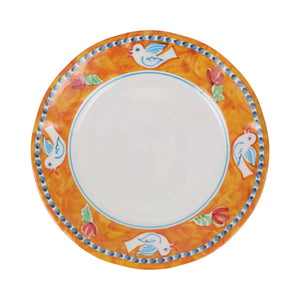 The VIETRI Melamine Campagna Dinner Plate features a round white center, an orange border with blue and white birds, red tulips, and green leaves—ideal for al fresco dining.