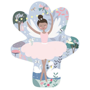 The FLOSS & ROCK Enchanted Ballerina Jigsaw Puzzle 12PC features colorful packaging with a magical design of the Enchanted Ballerina with wings, stars, and butterflies, enhanced by pastel stripes and shiny foiled details. It's perfect for beginners aged 2 and up.