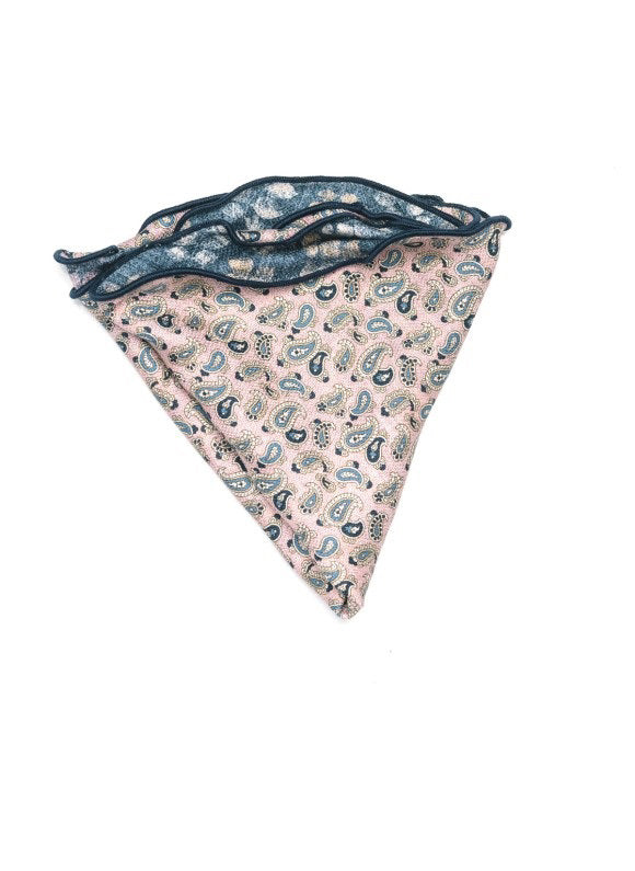 EDWARD ARMAH’s Edward Armrah - Reversible Silk Pocket Crcl in Pink Denim Leaf features a blue leaf pattern on one side and a pink print on the reverse, shown against a white background.