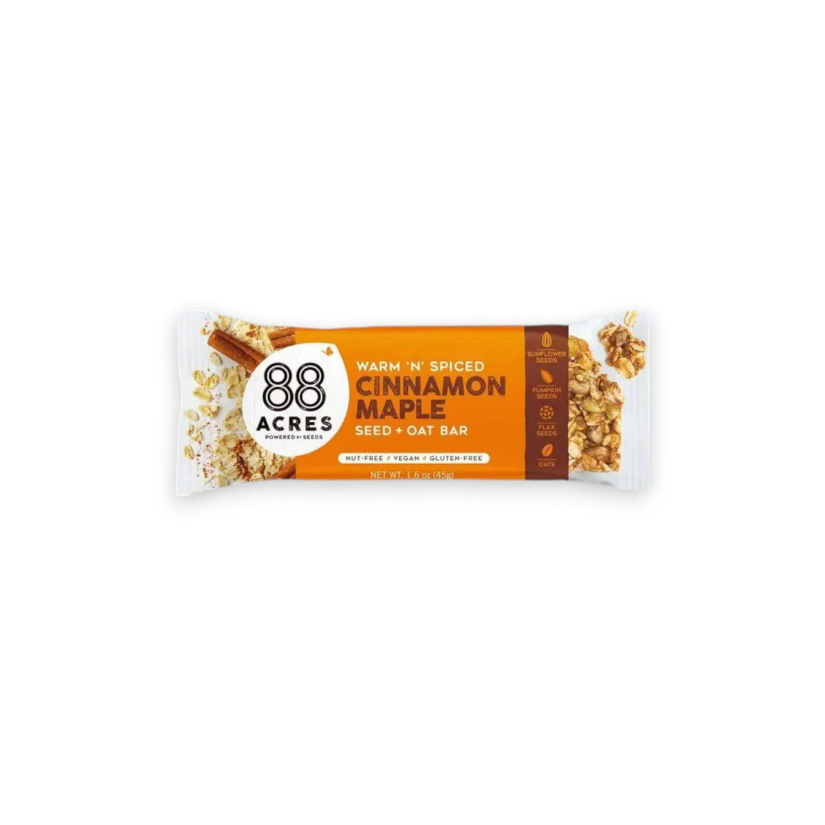 Image of an 88 ACRES Cinnamon Maple Seed + Oat Bar. The packaging is white with an orange section that displays the brand "88 ACRES" and the flavor details. The package showcases the nut-free, vegan, and gluten-free seed bar sprinkled with oats and seeds.