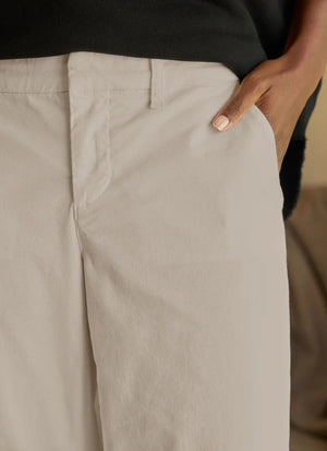 The FRANK & EILEEN Westport Italian Wide Leg Chino in Cement features belt loops, side pockets, and a front zipper, shown laid flat on a white background.