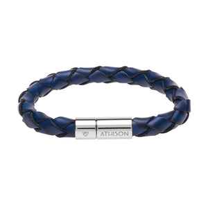 The ATHISON - BRAIDED LEATHER BRACELET IN BLUE is a handmade men's bracelet crafted in Italy, featuring blue braided leather and a silver magnetic clasp engraved with the ATHISON brand, shown on a white background.