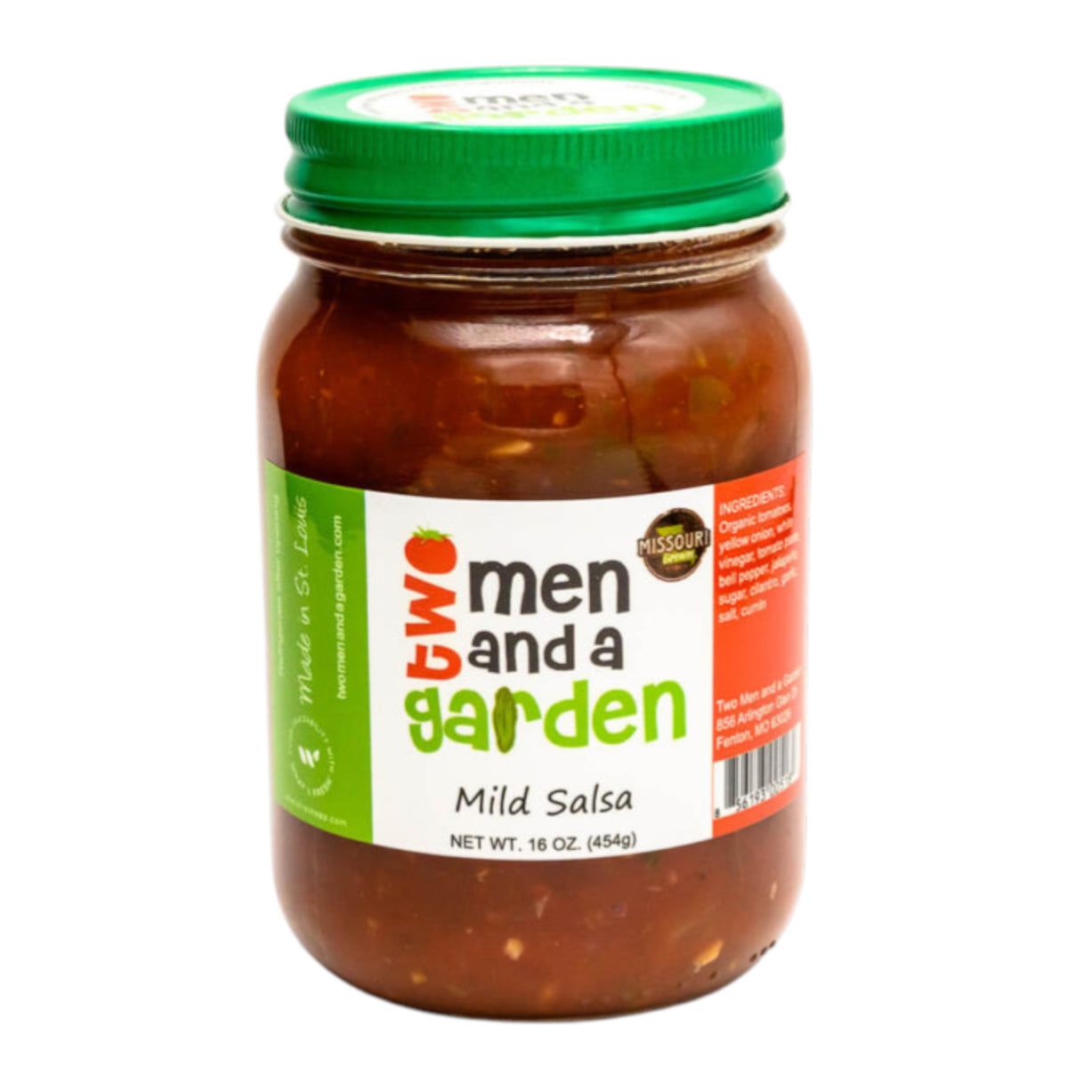 TWO MEN AND A GARDEN - MILD SALSA 16OZ is a chunky, reddish salsa with visible veggies, perfect for sensitive palates. The jar features a green lid and white label showcasing the TWO MEN AND A GARDEN brand name and quality ingredients.