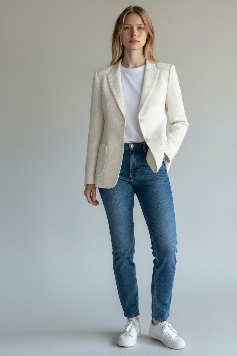 A woman stands facing forward, wearing the SEVENTY VENEZIA Single Breasted Blazer with Lurex Pique Stitching by SEVENTY over a black blouse, paired with black pants and black loafers. She has light brown hair styled down and a neutral expression. The background is plain and light grey.