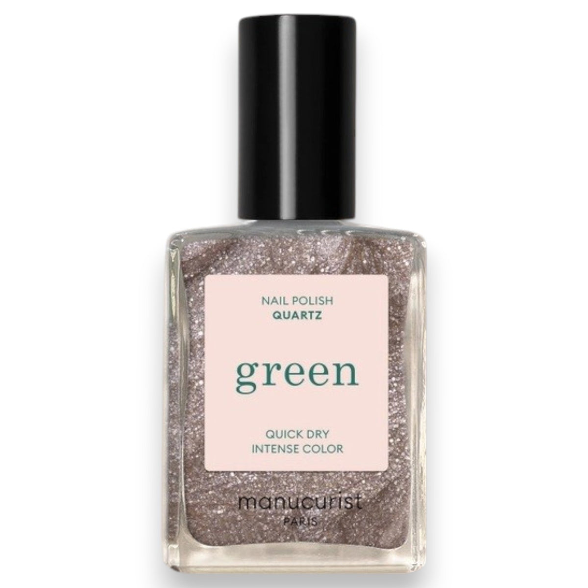 A close-up of a brush spreading MANUCURIST - GREEN™ NAIL POLISH IN QUARTZ by MANUCURIST INC, showcasing its shimmery, metallic brown vegan formula with visible sparkles and swirling patterns.