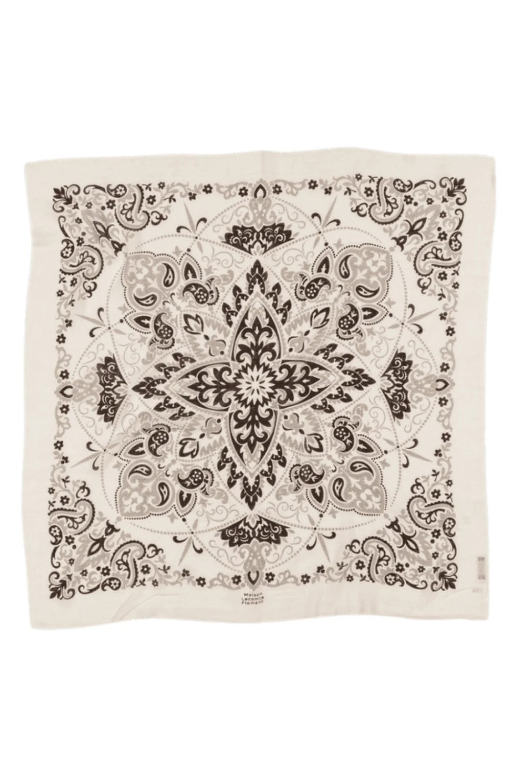 The MAISON LECOMTE - BANDANA SCARF IN ECRU GREY AND BLACK by MAISON LECOMTE FLAMENT features a square silhouette in white, adorned with intricate black and grey paisley and floral motifs. Symmetrical, ornate designs and decorative edge accents combine to evoke classic elegance, while its luxurious wool-cashmere blend ensures exceptional comfort.