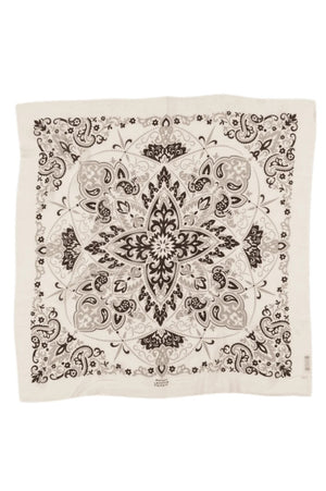 The MAISON LECOMTE - BANDANA SCARF IN ECRU GREY AND BLACK by MAISON LECOMTE FLAMENT features a square silhouette in white, adorned with intricate black and grey paisley and floral motifs. Symmetrical, ornate designs and decorative edge accents combine to evoke classic elegance, while its luxurious wool-cashmere blend ensures exceptional comfort.