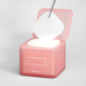 A pink "Collagen Ampoule Pad" container labeled "MEDIHEAL", featuring Day & Night 24/7 and CollagenFactor™ for optimal skin care, offers daily luxury by EXOD INTERNATIONAL.