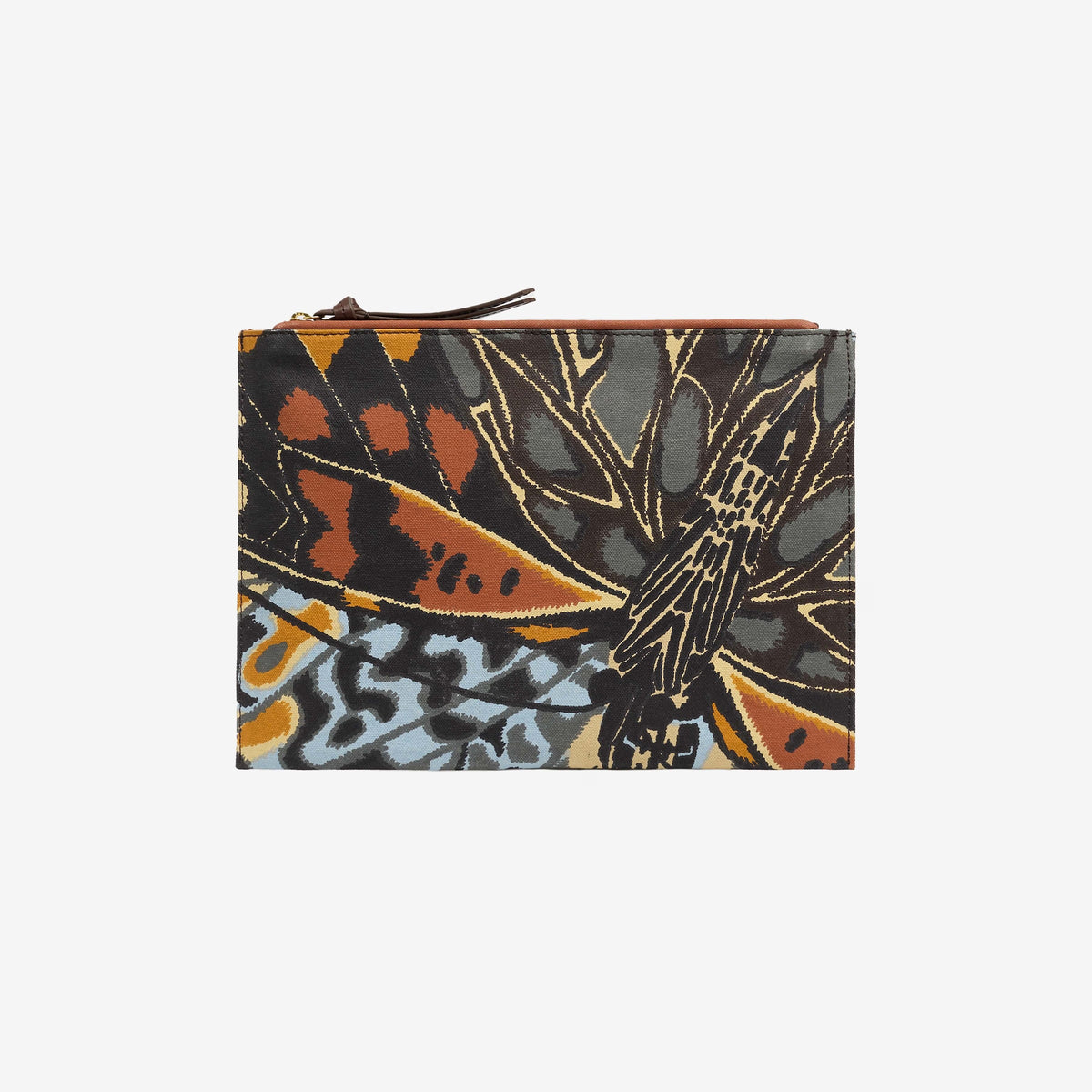 The INOUI EDITIONS - PAPILLON (BUTTERFLIES) POUCH by INOUI is a rectangular pouch with a zippered top, featuring a vibrant abstract butterfly wing print and Italian leather trim, finished with a small brown leather patch on the front.