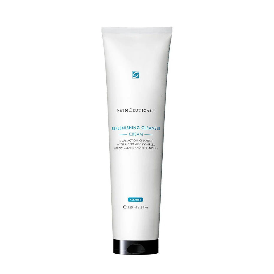 A white tube of SKINCEUTICALS REPLENISHING GEL CLEANSER with a black cap, blue accents, and front details is shown standing upright against a white background. Ideal for combination skin, it features a ceramide complex.