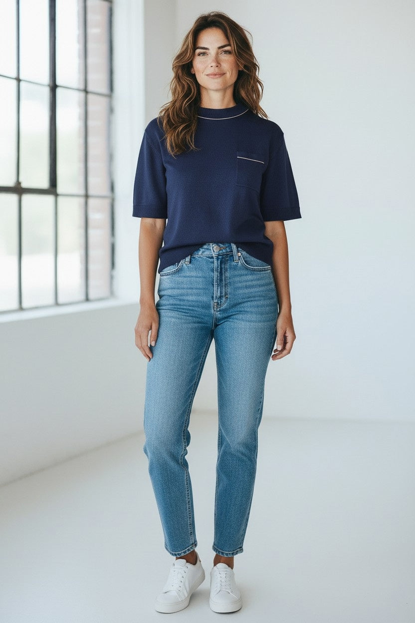 A woman with long brown hair stands in a bright room, smiling slightly with one hand in her pocket. She is wearing the KINROSS CASHMERE Tipped Short Sleeve Crew Neck Top in Navy Scotch by KINROSS, paired with light blue high-waisted jeans and white sneakers. The top features a boxy silhouette and short sleeves.